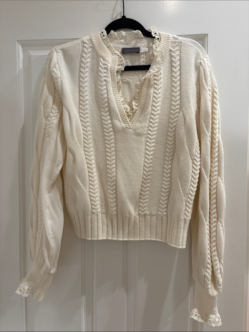 Lace-Trim Cable V-Neck Sweater - Cream